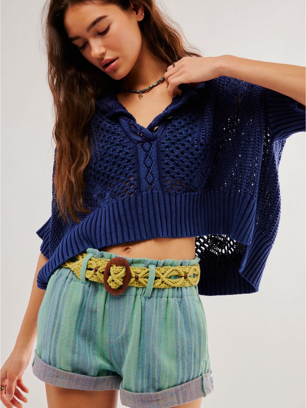 Free People Cotton Navy Cropped Knit Polo Sweater